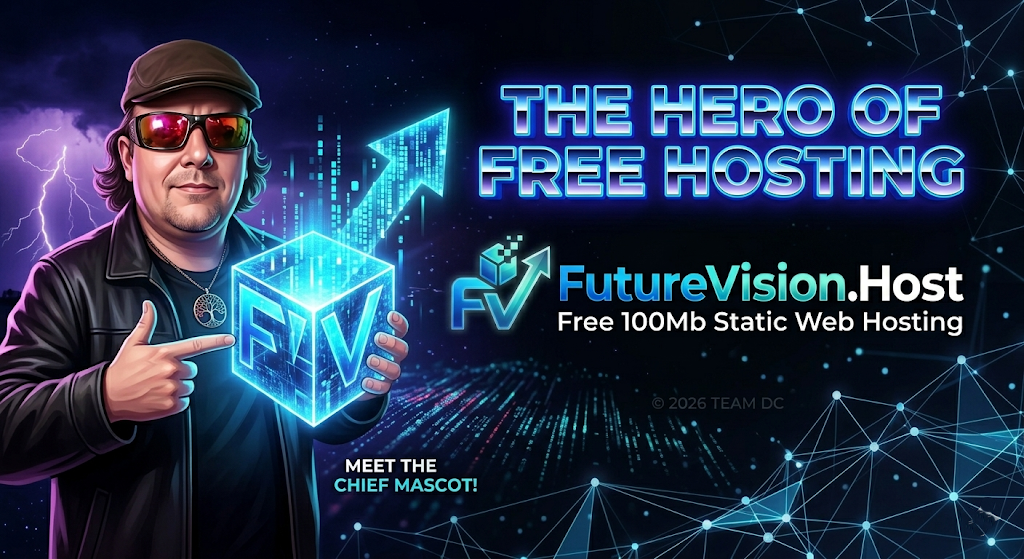 The Hero of Free Hosting — FutureVision.Host · Free 100Mb Static Web Hosting · Meet the Chief mascot